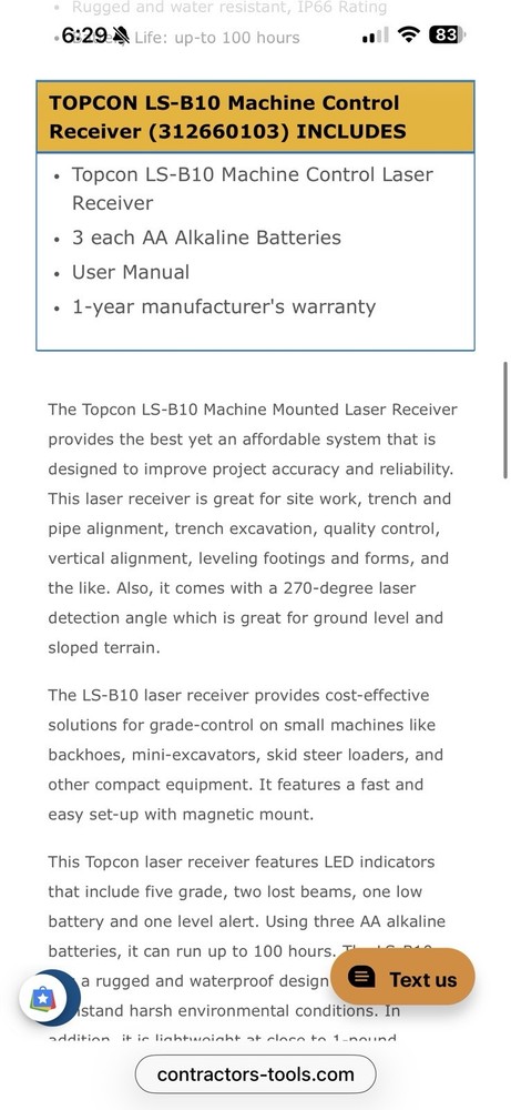 Topcon LS-B10 Machine Control Laser Receiver Non-Wireless Model 312660103