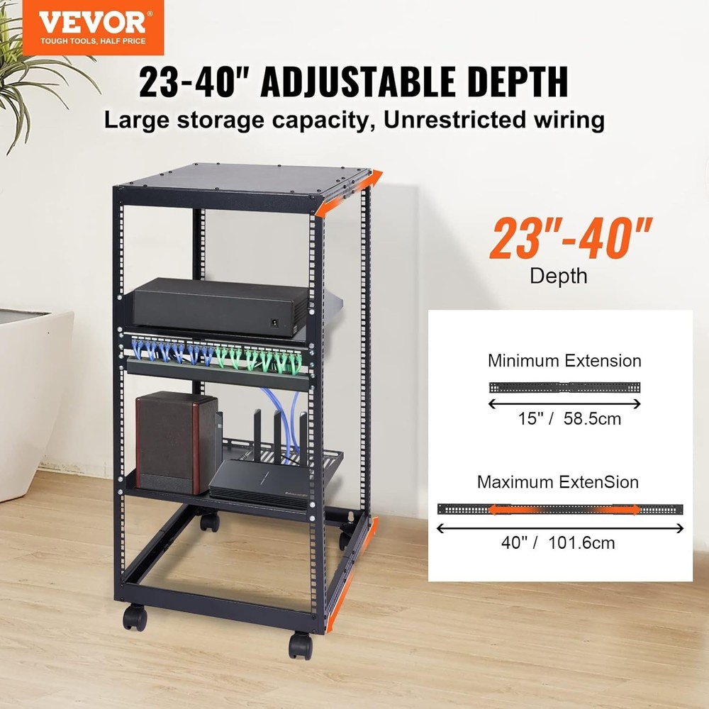 20U Adjustable Depth Server Rack, 23''-40'' - Wall/Mount Casters & Accessories