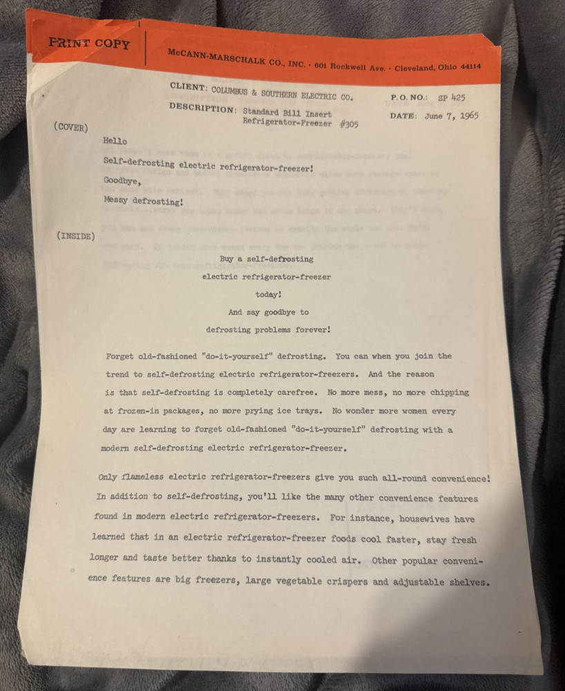AD COPY TV SCRIPT 1965 McCANN-ERICKSON Ohio Modern SELF-DEFROSTING REFRIGERATOR