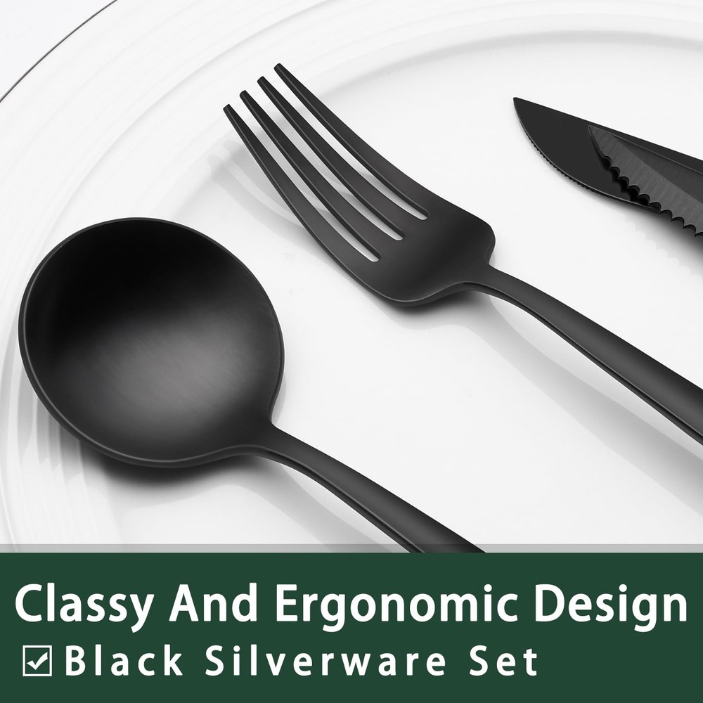 EWFEN 24-Piece Black Silverware Set with Steak Knives, Flatware