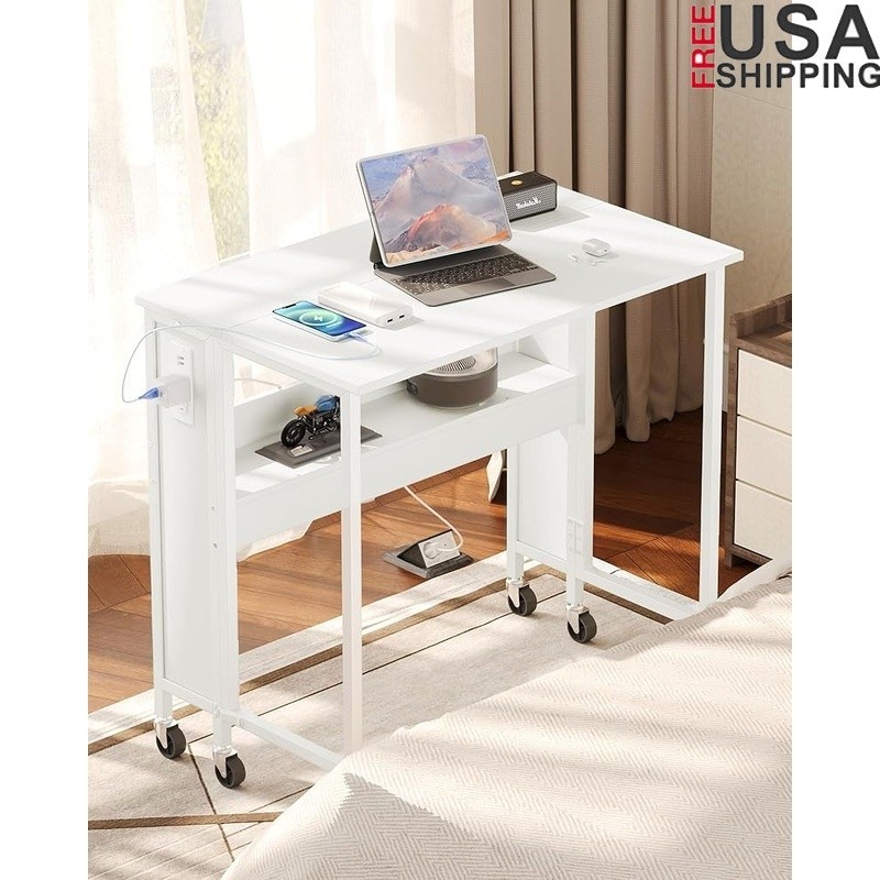 Folding Computer Desk W/ Power Outlets USB Ports Mobile Storage Solutions