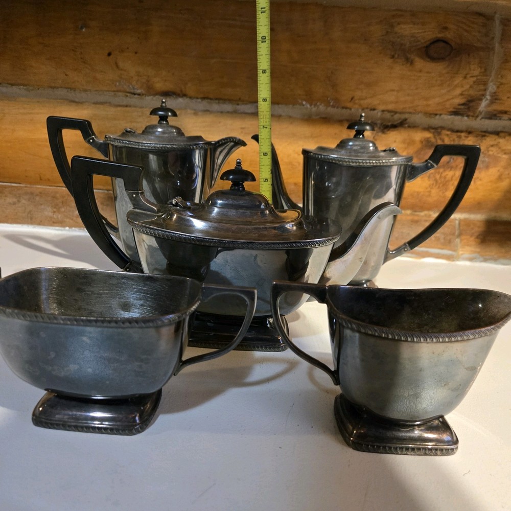 Hecworth Scheffield Tea Coffee Set Silverplate Brutalist Gothic Aged Patina 5 Pc