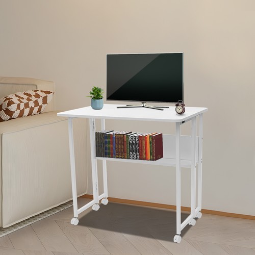 Folding Desk,Folding Desk with Storage Shelf,Foldable Computer Desk with Wheels