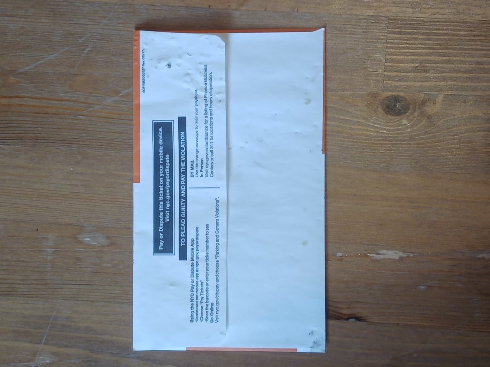 NYC Traffic Ticket envelope