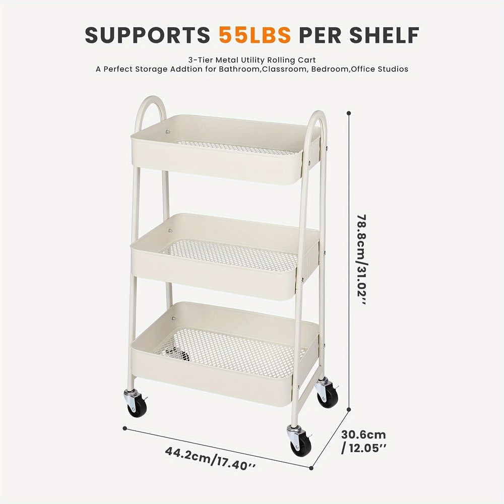 3-Tier Rolling Kitchen Cart, Metal Frame with Plastic Wheels, Space-Saving