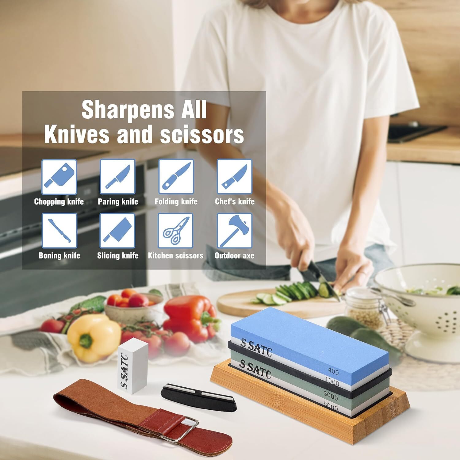 Knife Sharpening Stone Set Professional Whetstone 4 Side Grit 400/1000 3000/8000