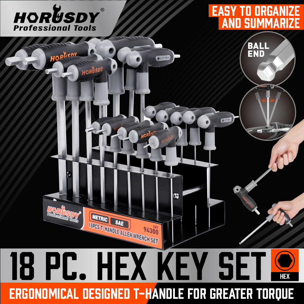 18 Pc SAE & Metric T Handle Allen Wrench Ball End Hex Key Set w/ Storage Stand