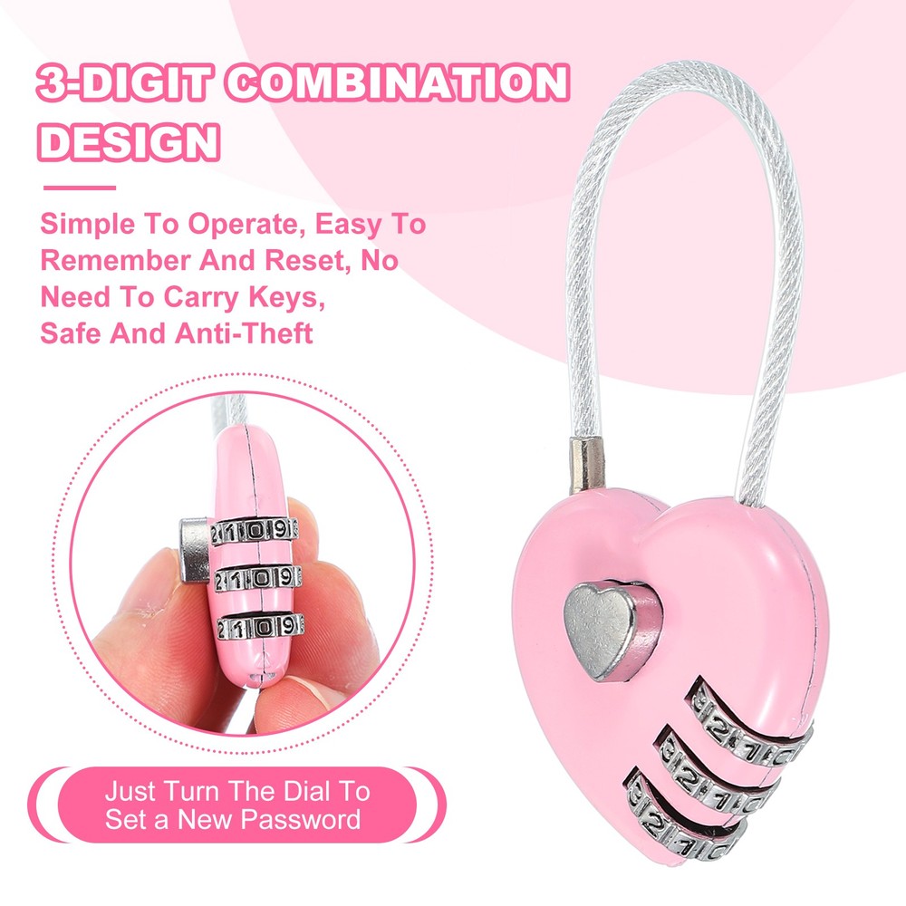 2 Pack Heart Padlock Heart Shape Love Lock Combination Lock Locker Locks Pink