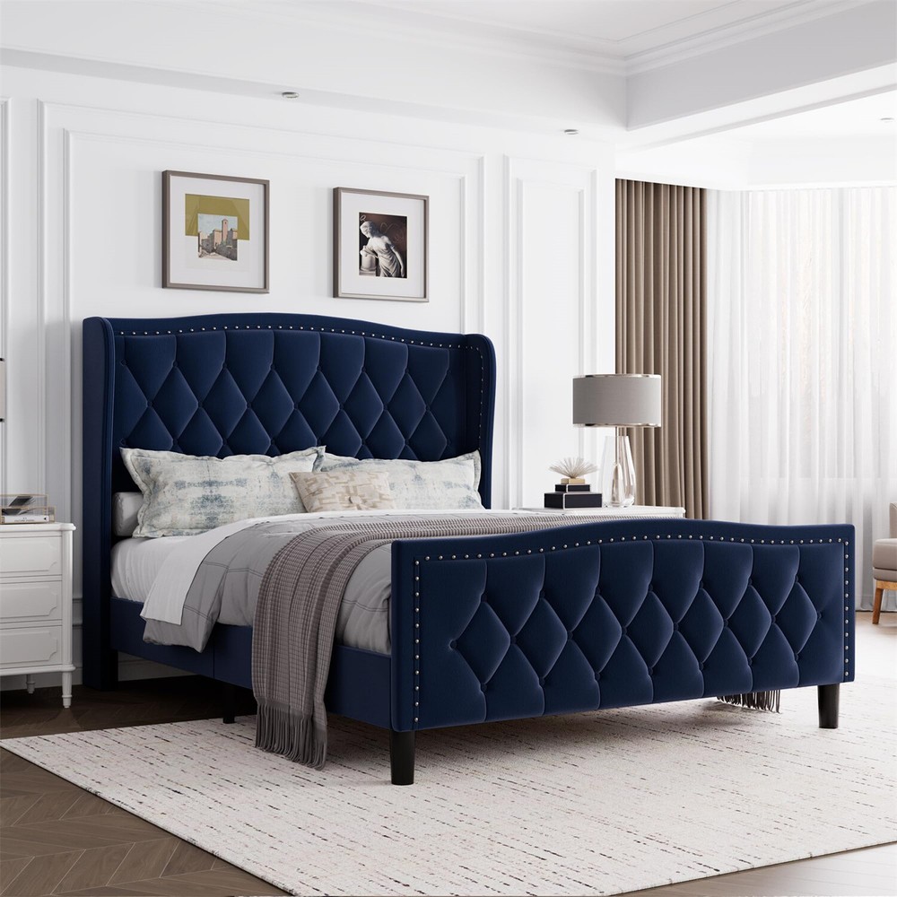 Full Bed Frame Velvet Upholstered Platform Bed with Wing Side Headboard Sturdy