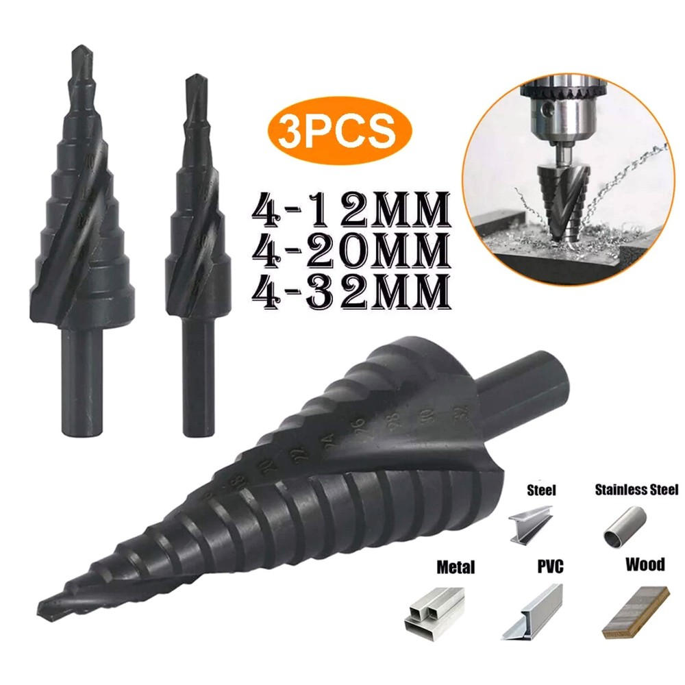 3Pcs HSS Step Drill Bit Set Large Cone Titanium Bit Set 6/8/10mm Shank