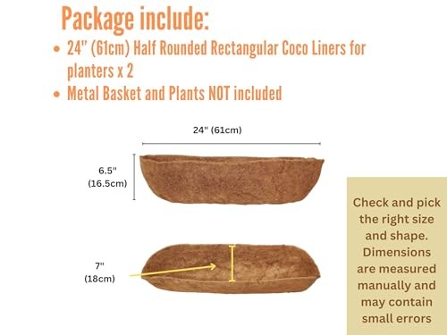 24 inch 2 Pack Half Rounded Rectangular Coco Liner for Window 24" (61cm) x 2