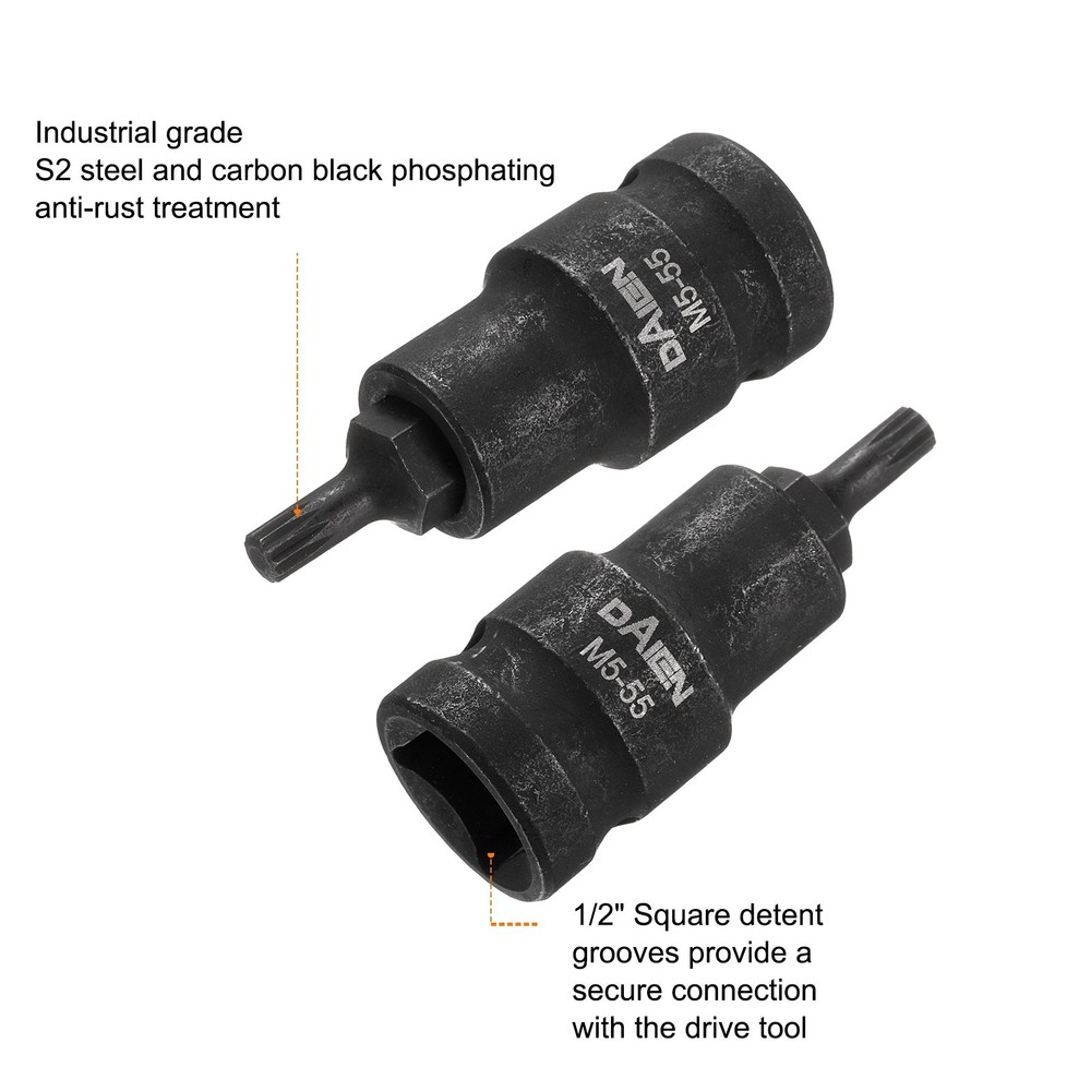 M5 12 Point Spline Bit Socket 55mm Length 1/2" Square Impact Bit, Black