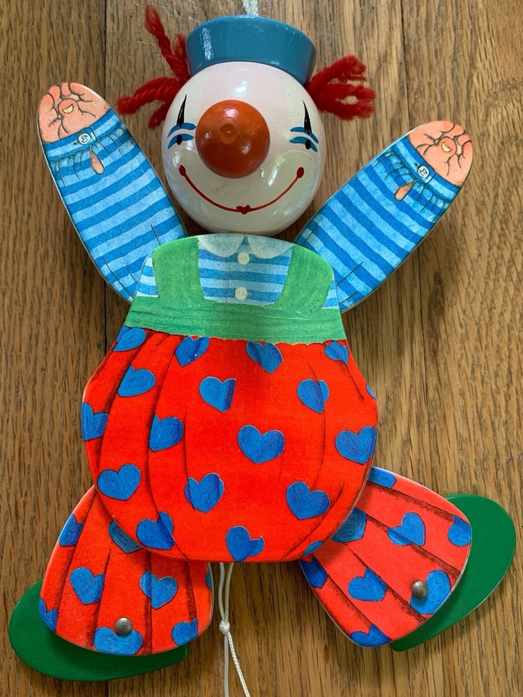 Vintage Sevi Jumping Jack wooden clown pull string toy puppet