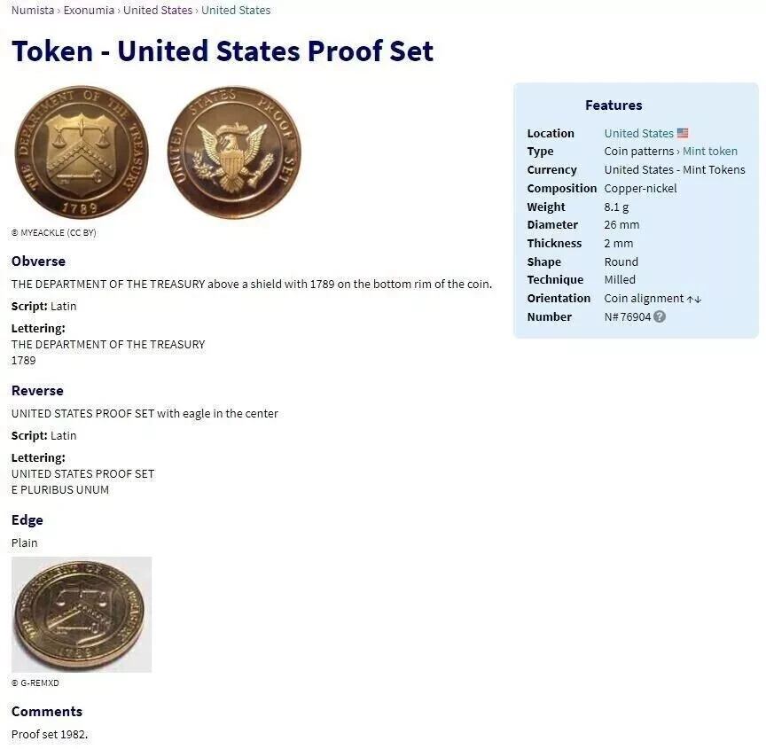 1982 U.S. Treasury Department Bronze Token Proof