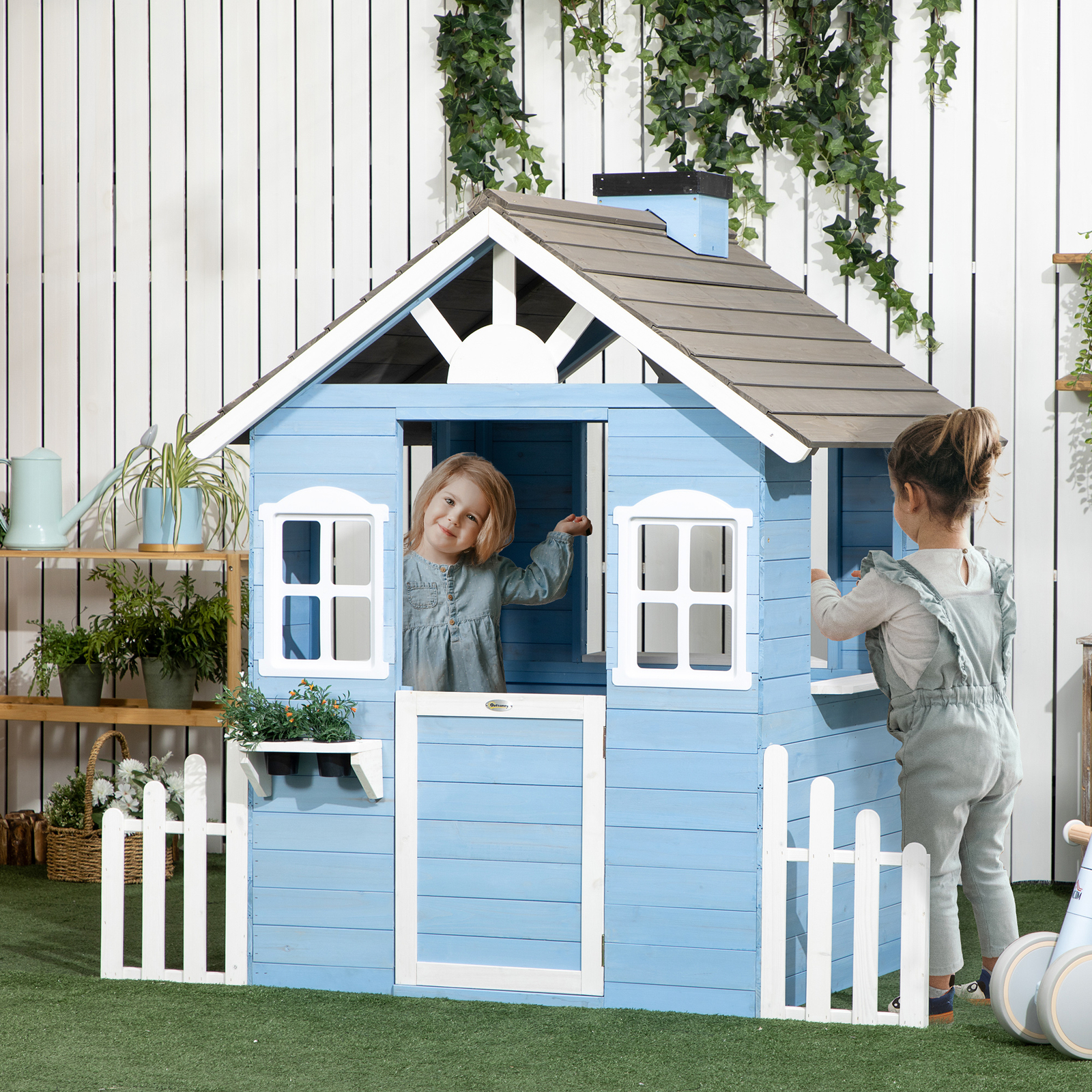 Wooden Playhouse for Kids Outdoor with Flower Pot Holders, Blue