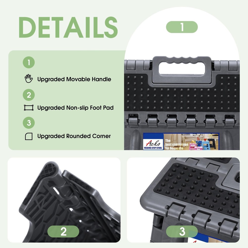 Folding Step Stool 16 Inch 400 lbs Capacity Dot Grey Plastic Handle 1 PC