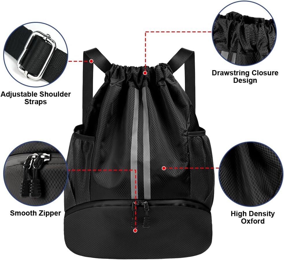Drawstring Backpack, Waterproof Sports Large Gym Bag Black