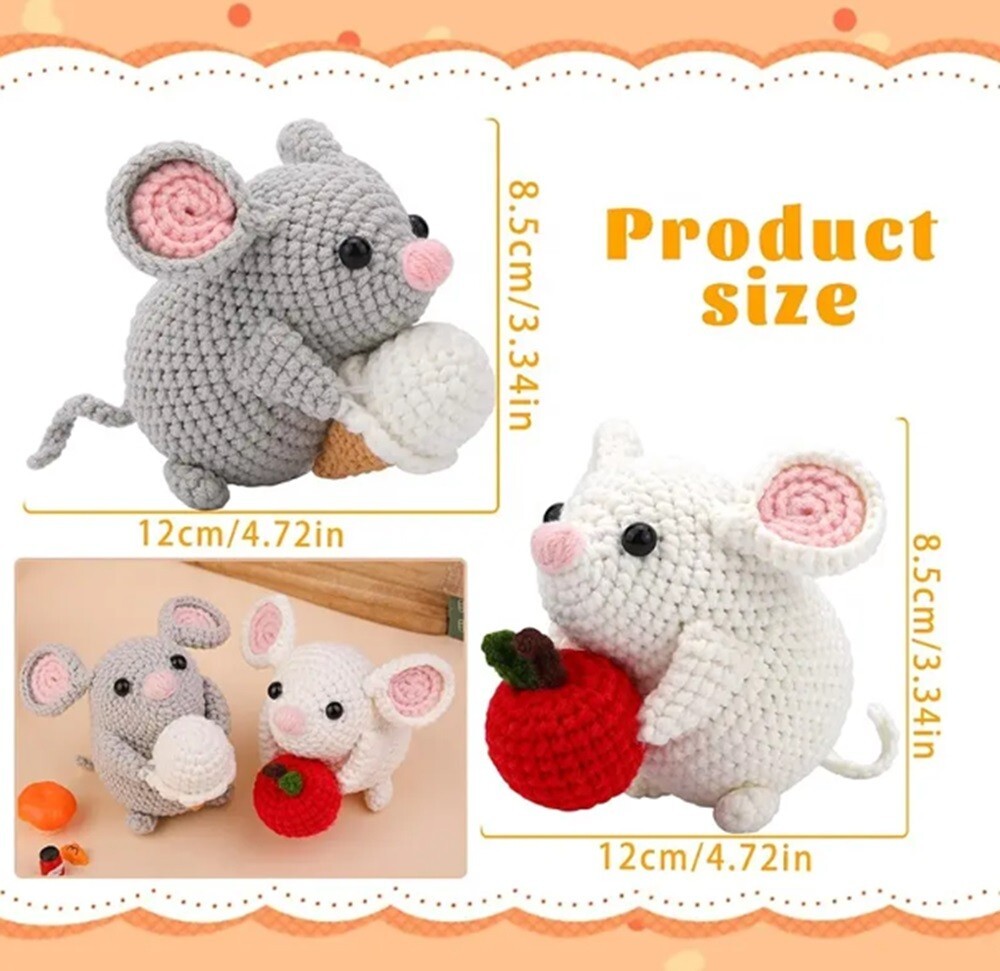 2‑Pack Beginners Crochet Kit w Hooks & Threaders–Cute Mouse DIY Yarn Starter Set