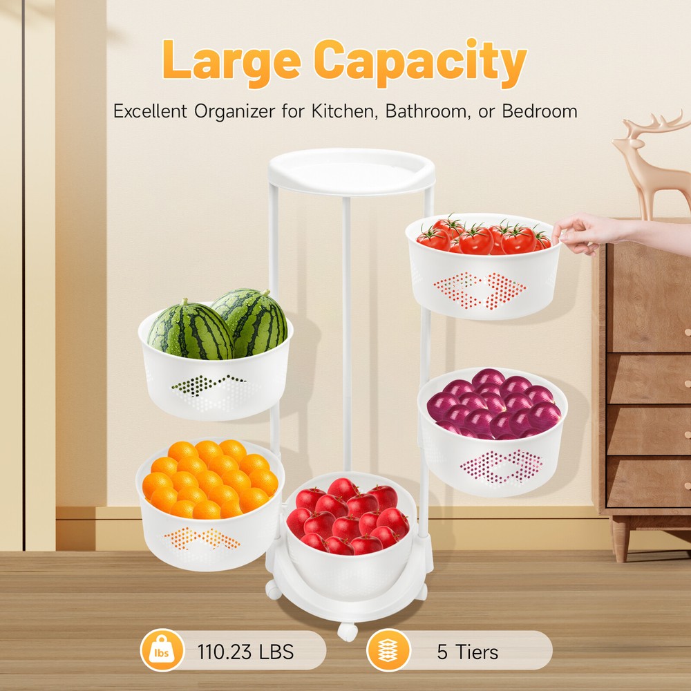 5 Layer Kitchen Rotating Organizer Rack Fruit Vegetable Storage Basket w/ Wheels