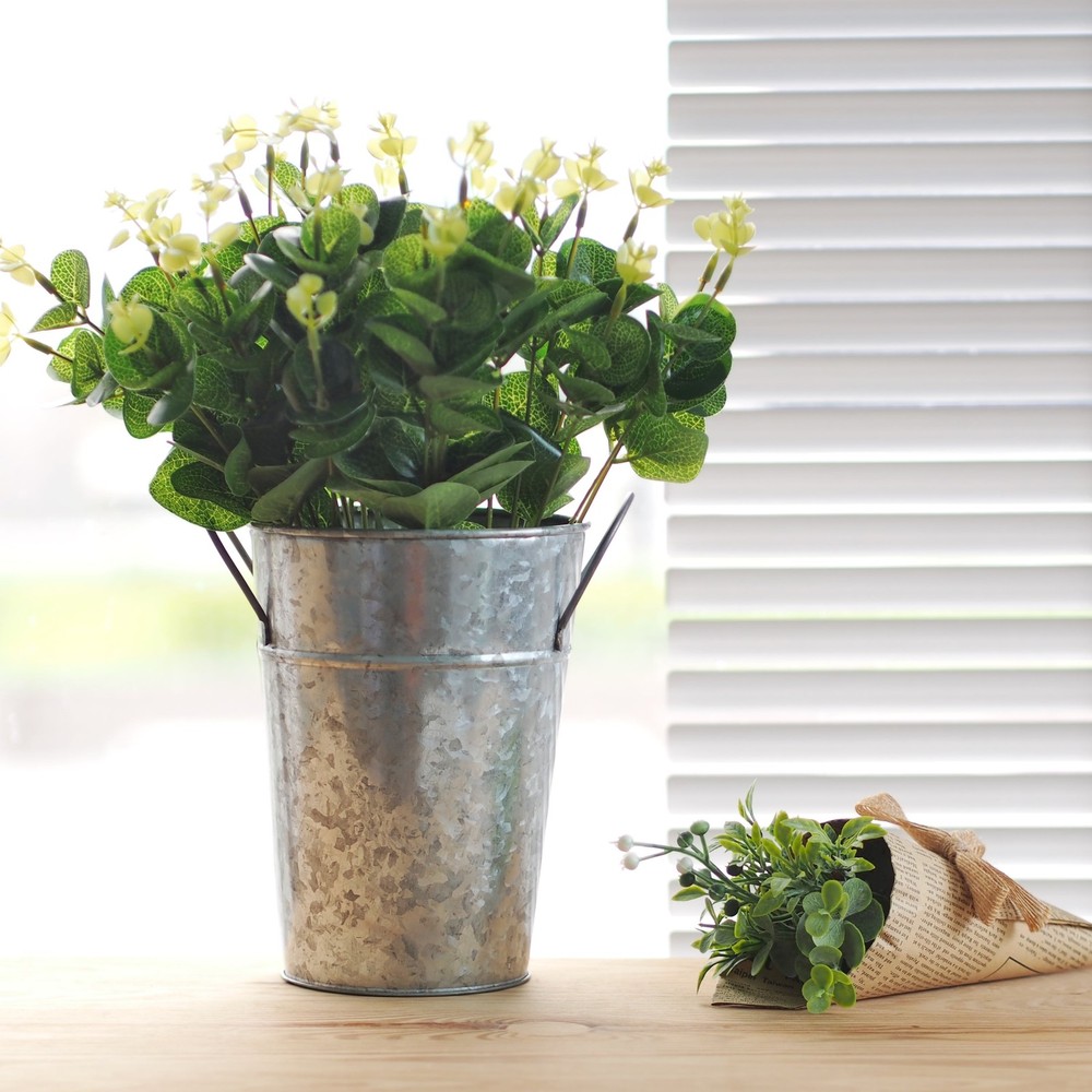 (2 pack Metal Bucket Planter 7'' High Solid Print Gray