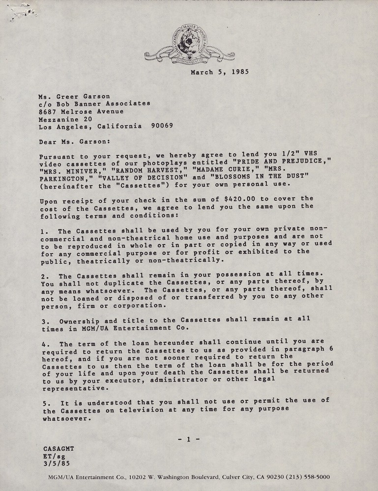 GREER GARSON - DOCUMENT SIGNED 03/05/1985