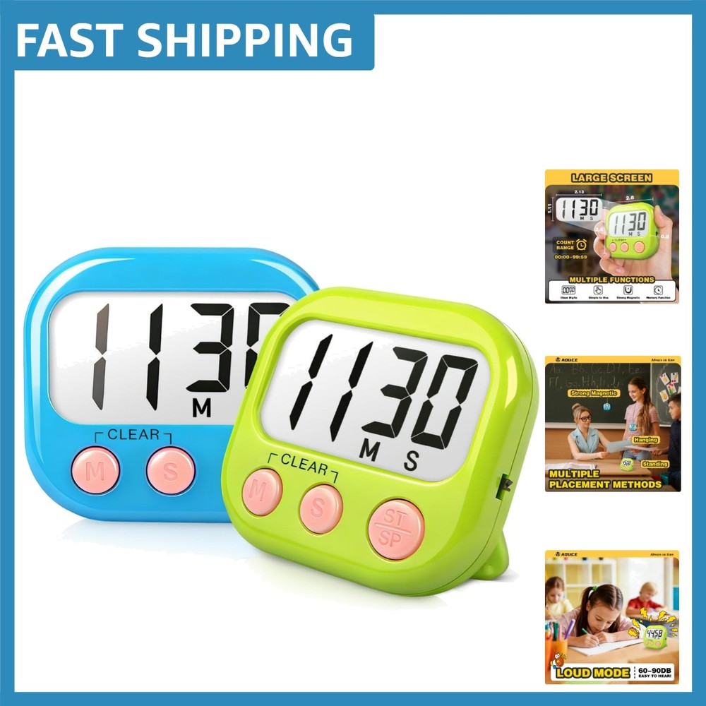 Classroom Timer Set: Large Magnetic Digital Timers in Blue & Green - 2 Pack