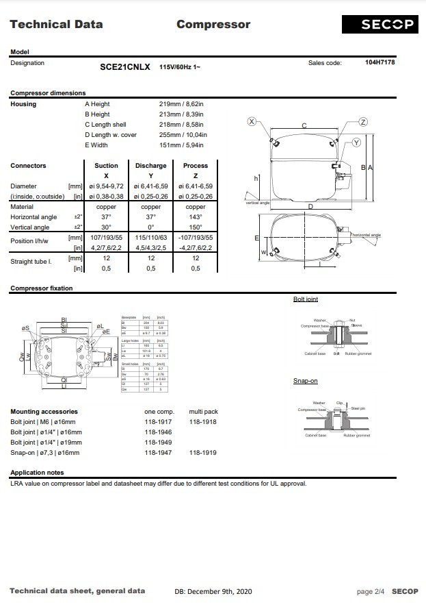 Secop SCE21CNLX R290 Refrigeration Compressor 3231 BTU LBP 115V 60 Hz