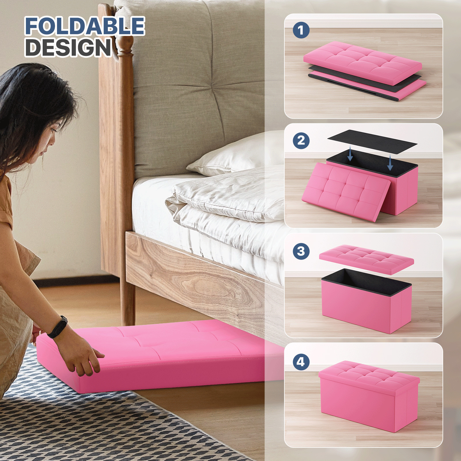 30" Dark Pink Folding Storage Ottoman Foot Stool Bench Chest w/Flipping Lid