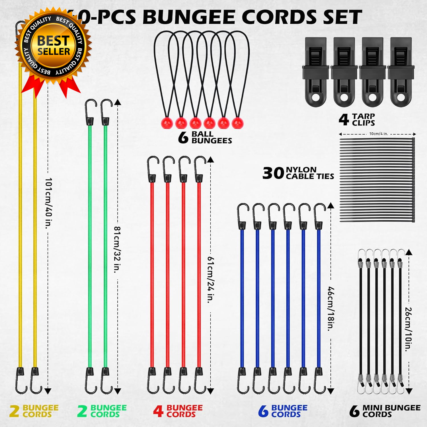 60-Piece Bungee Cords Assorted Sizes 10" 18" 24" 32" 40" Bungee Cords with Hooks