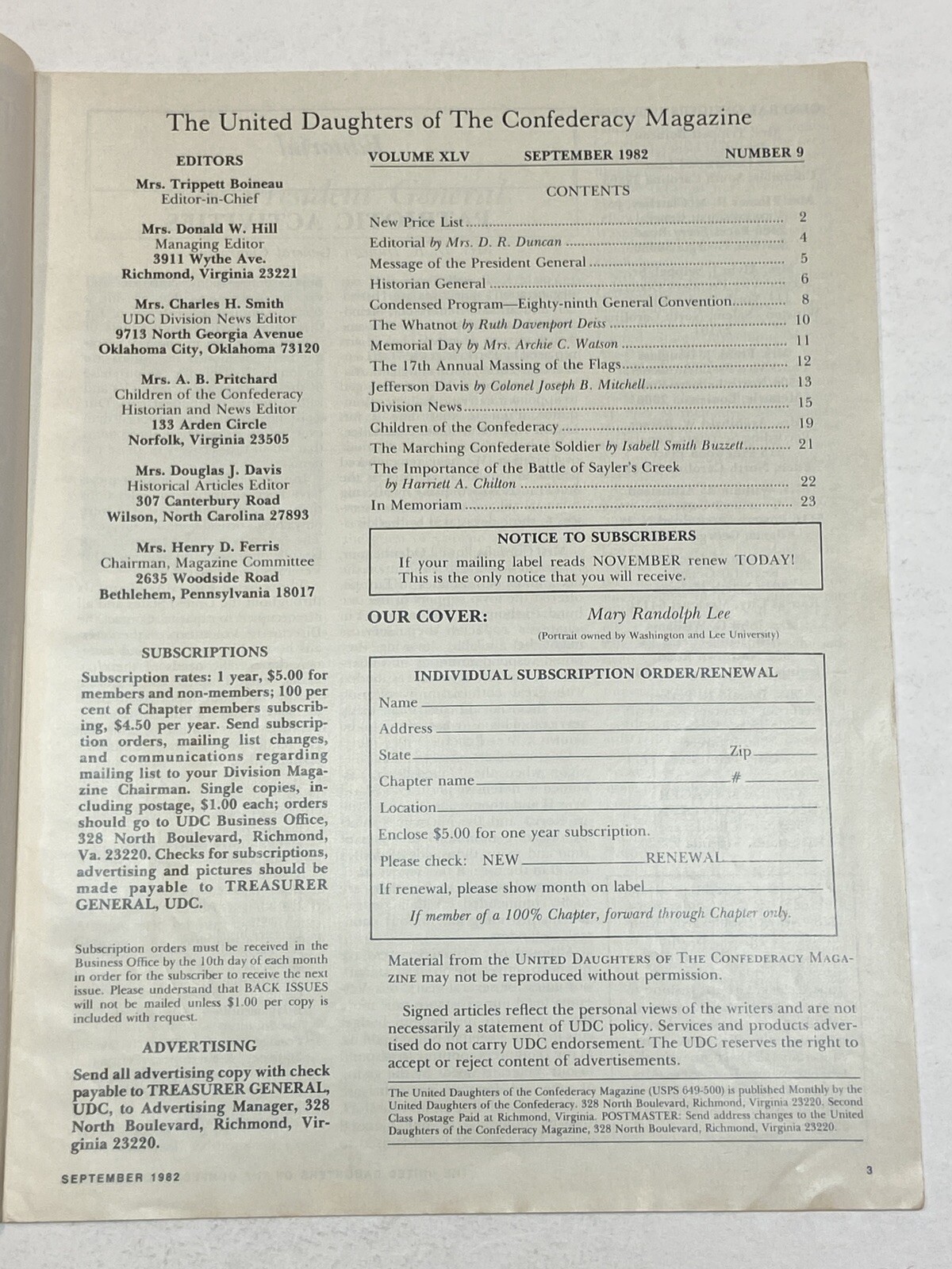 UDC United Daughters of the Confederacy Magazine Sep 1982 Mary Randolph Lee War