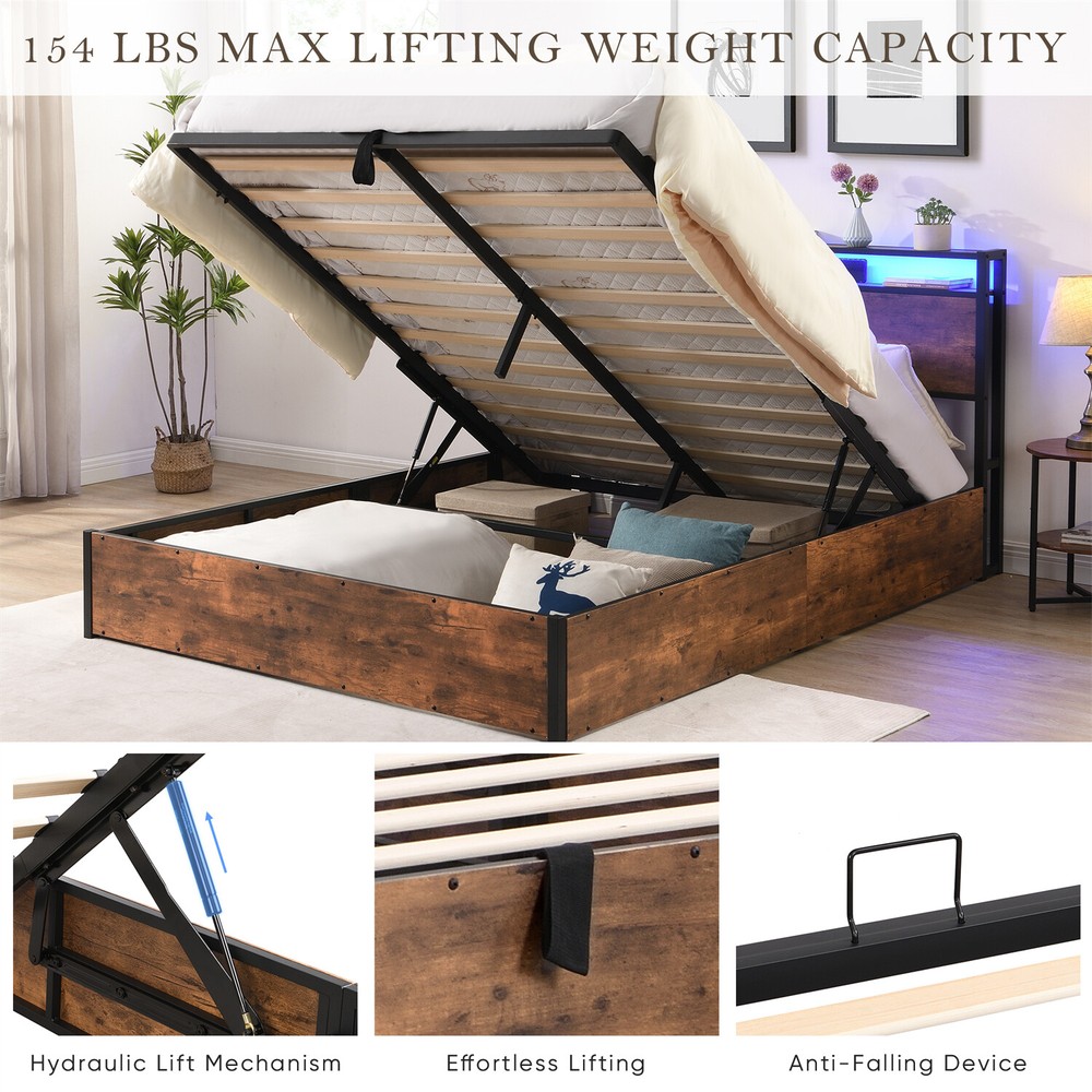 Full/Queen Size Bed Frame Wood Platform Bed Frame with Storage & LED Lights