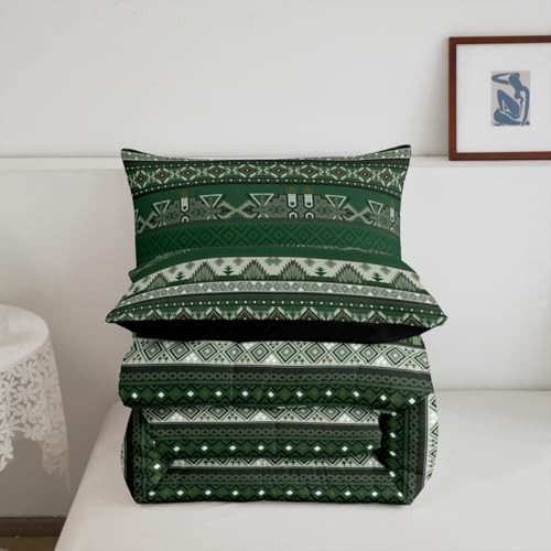 Rustic Western Comforter Set Boho Aztec Bedding Set for Twin Green Brown