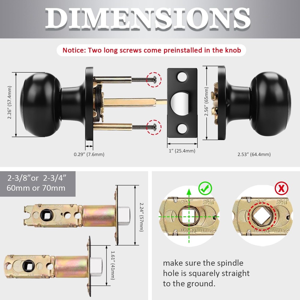 Probrico (3 Pack Round Passage Door Knob(Non-Locking Knobs), 3 Pack, Black