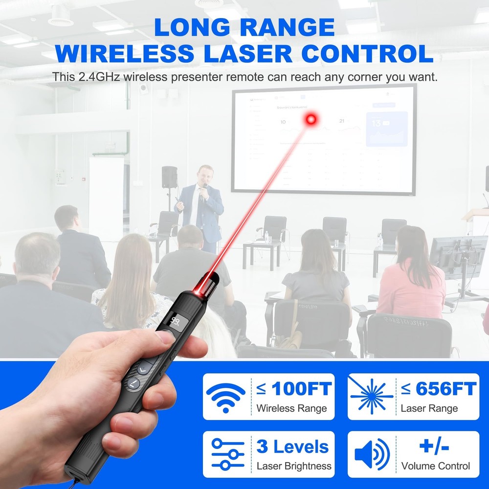 Wireless Presentation Clicker with Telescopic Pointer Stick,Rechargeable Pres...