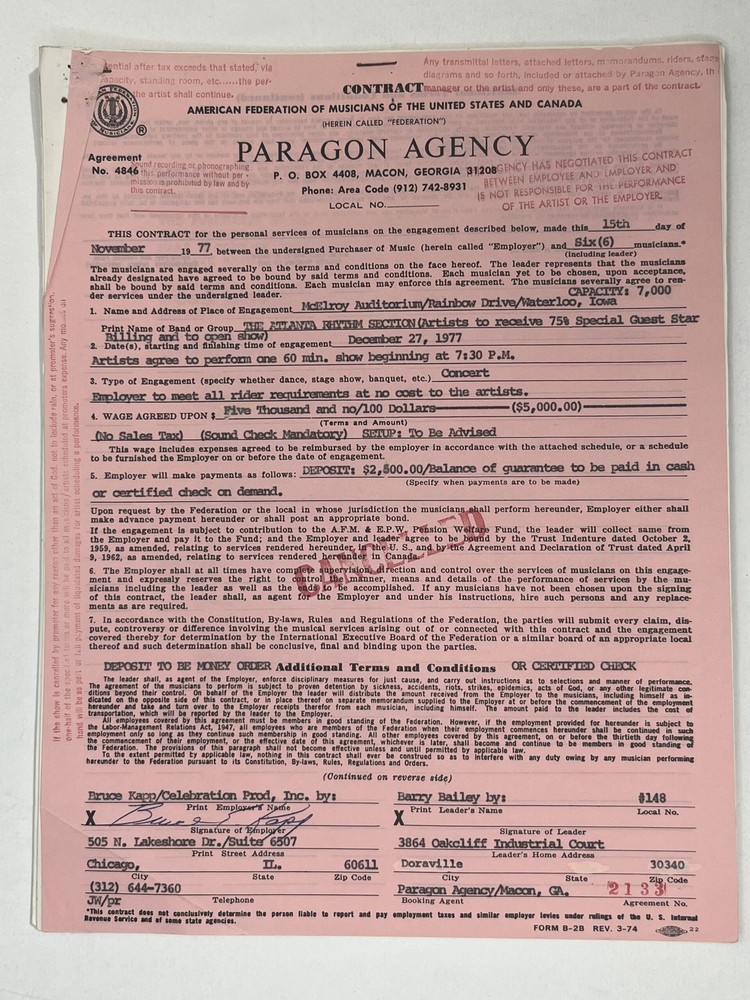 The Atlanta Rhythm Section Cancelled Concert Contract 1977 Waterloo IA