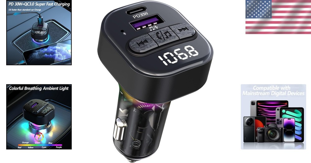 High-Fidelity Bluetooth FM Transmitter with USB Charger & Noise-Canceling Mic