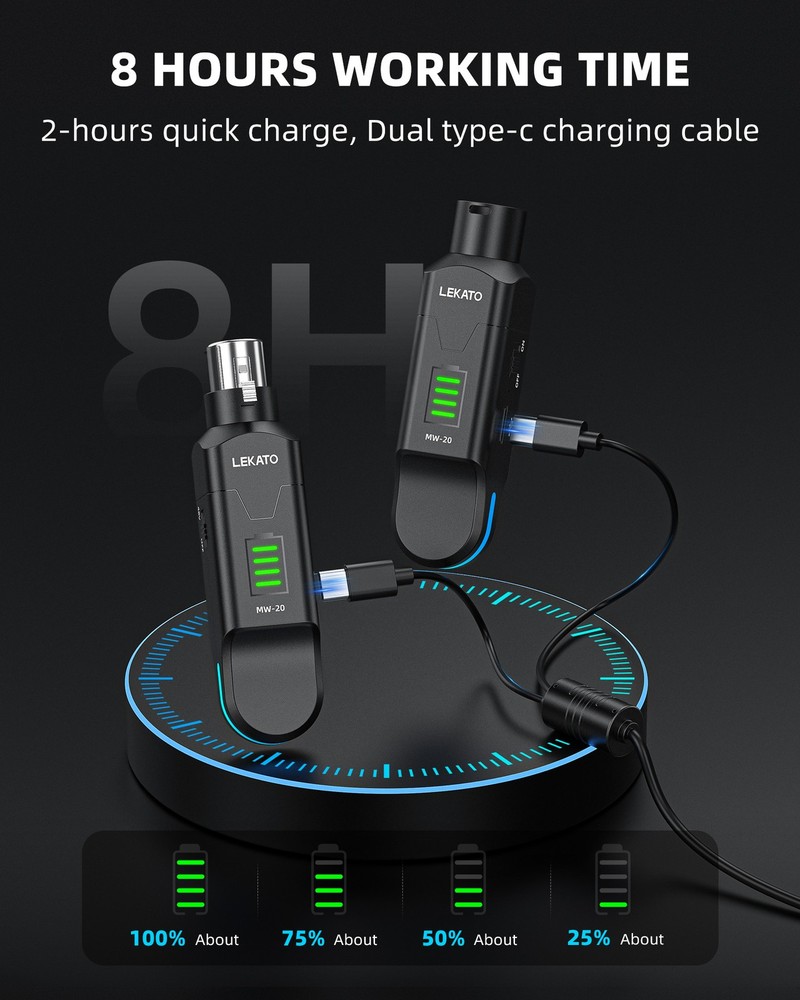 LEKATO MW-20 Wireless Mic Transmitter Receiver XLR 2.4GHz, 48V Phantom Power