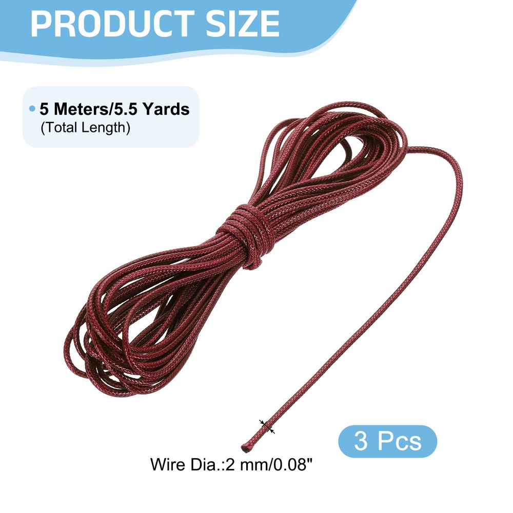 3Pcs Waxed Polyester Cord, 5.5 Yard 2mm Wax Bead Thread String, Date Red