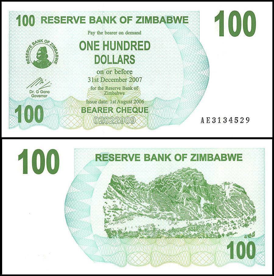 Zimbabwe 100 Dollars Bearer Cheque, 2006, P-42, UNC