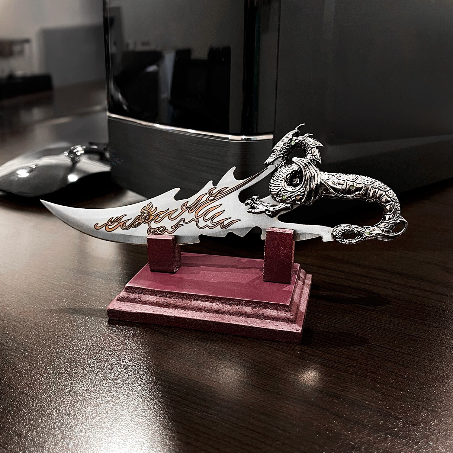 7.5" Fantasy Dragon Knife with Wood Display Stand, Silver