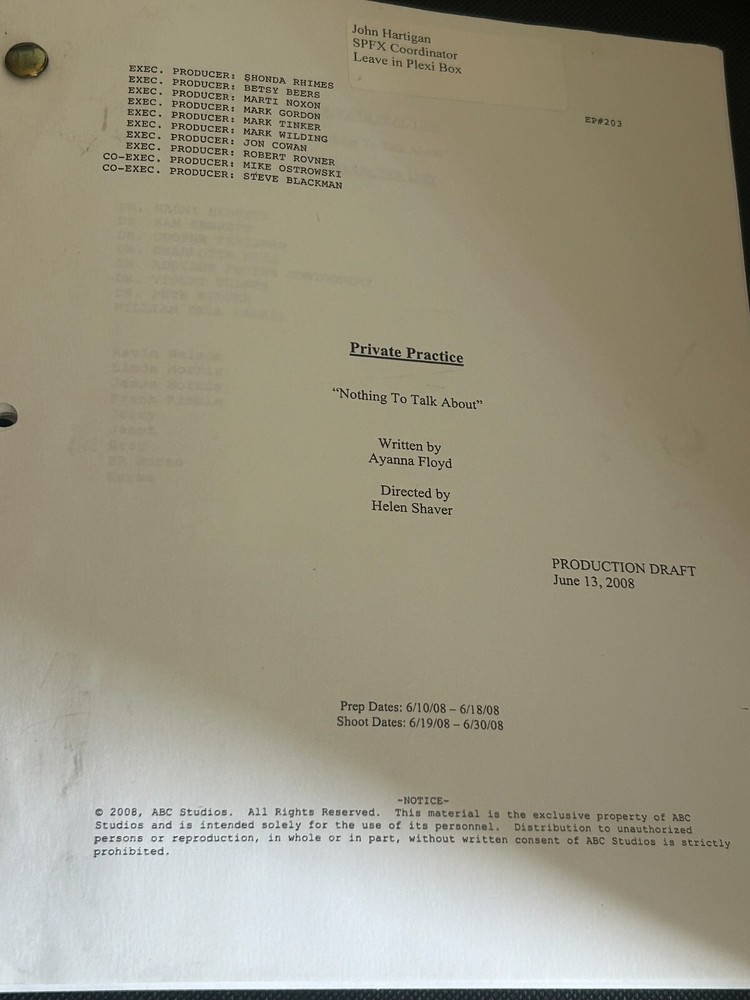 ORIGINAL SCRIPT PRIVATE PRACTICE NOTHING TO TALK ABOUT KATE WALSH TIM DALY