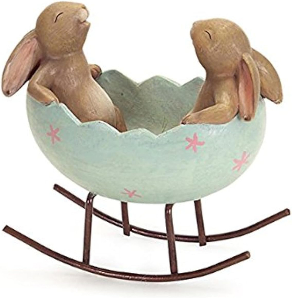 Laughing Bunny Rabbits Rocking in an Easter Egg Cradle Spring Easter Decoration