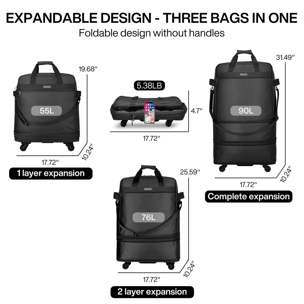Hanke Suitcases with Wheels Expandable Foldable, Black Upgrade Version
