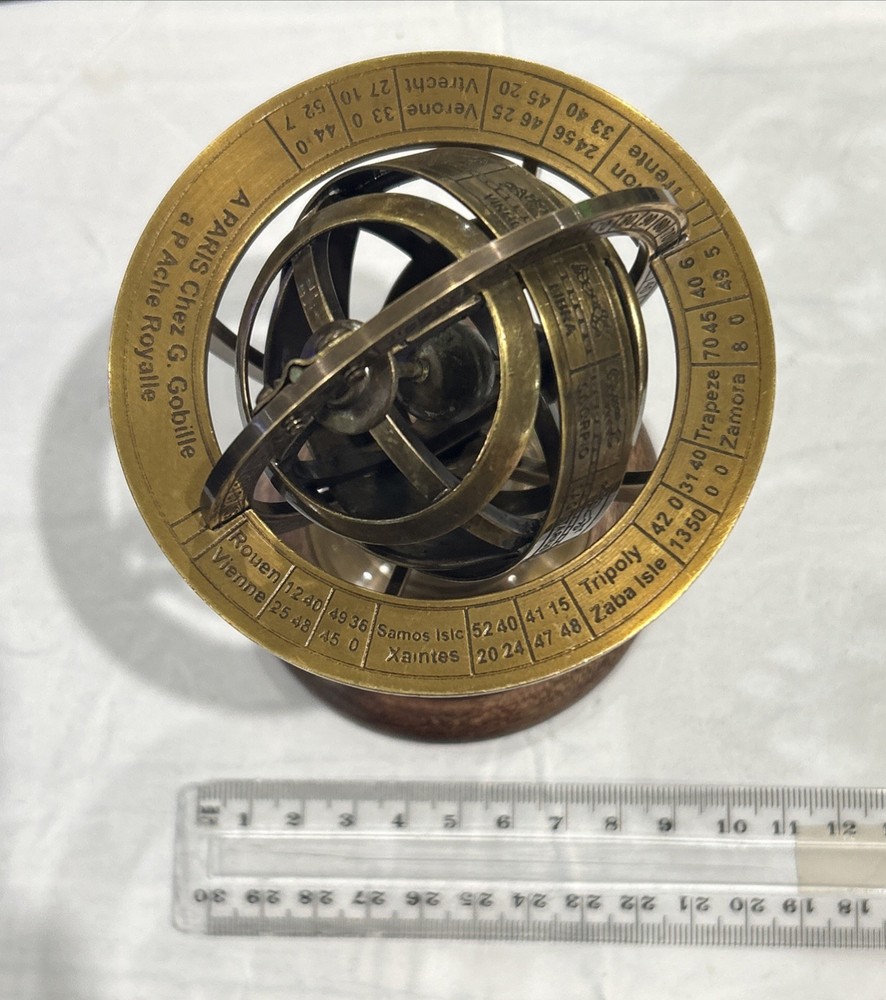 SOLID BRASS ARMILLARY WITH WOODEN BASE