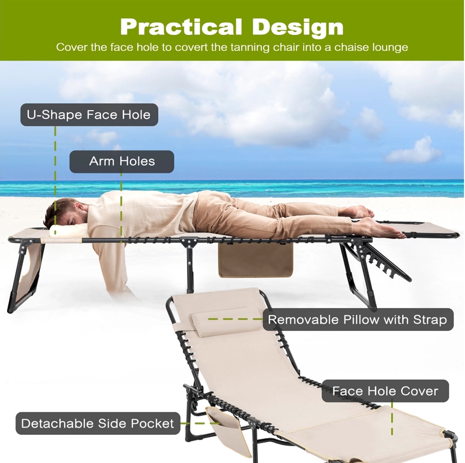 Nuu Garden Foldable Outdoor Chaise Lounge Chair Adjustable Patio Recliner Beige