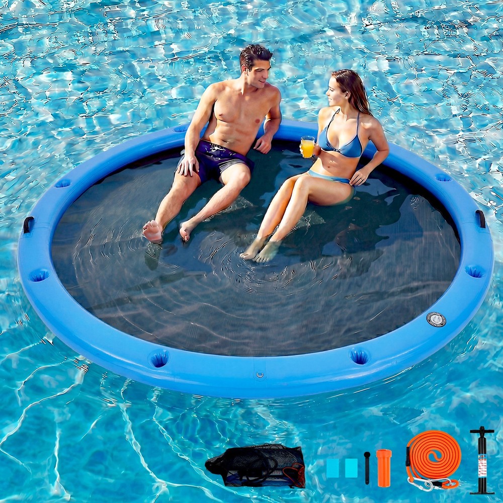 10FT Sunchill Heavy-Duty Float Ring, Cup Holders, Hammock for Lake, Blue