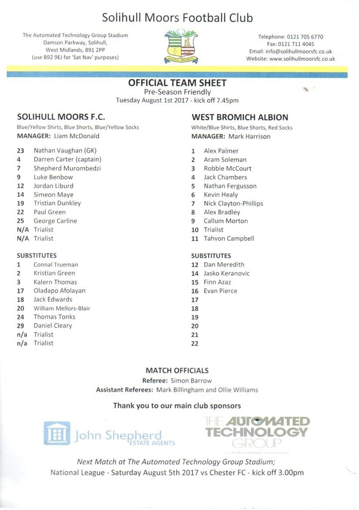 Team Sheet - Solihull Moors v West Brom Friendly 1.8.2017