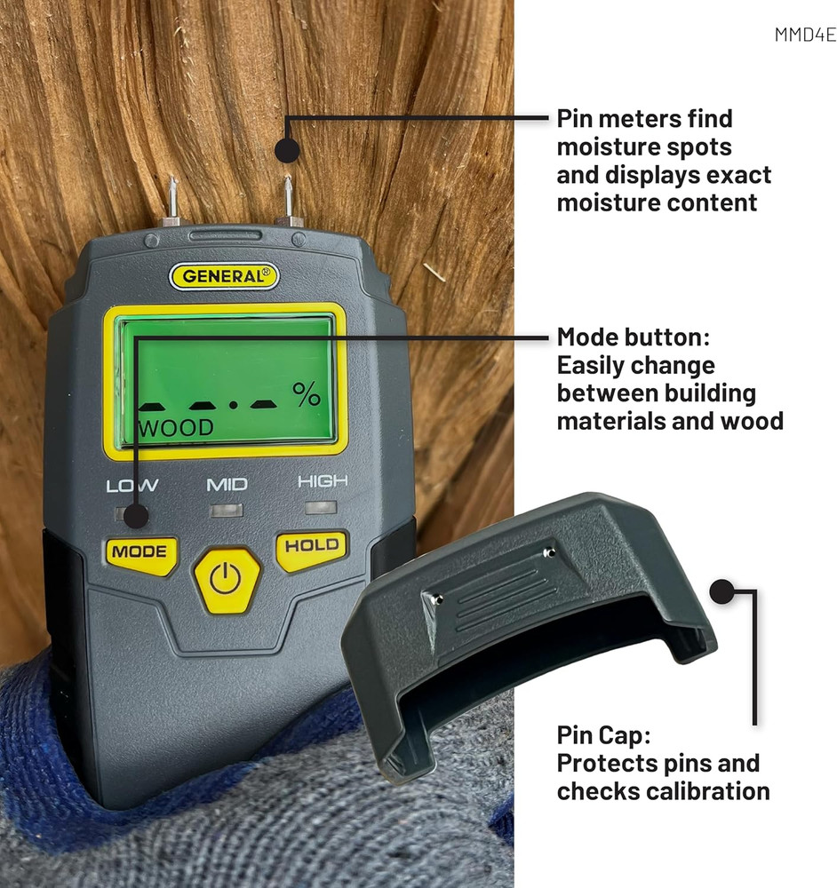 MMD4E Digital Moisture Meter, Water Leak Detector, Moisture Tester, Pin Type, Ba