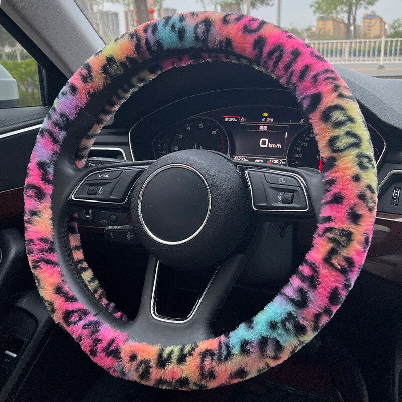 Leopard Soft Plush Car Steering Wheel Cover Protective Case Auto Interior Decor