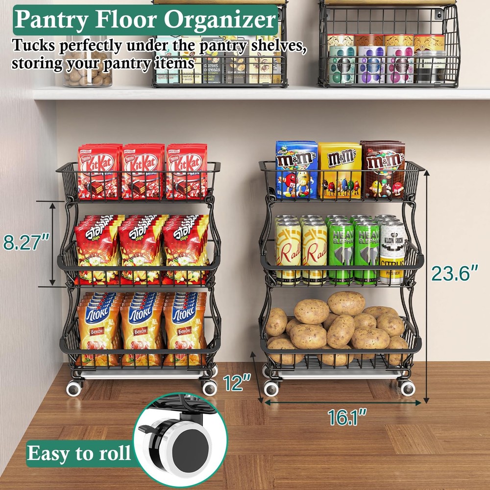 3-Tier Rolling Pantry Floor Organizer and Storage Cart with Wheels, Stackable...